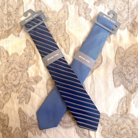 Brand New Michael Kors Set of 2 Ties Satin Sheen Stripes Blue Office Business - Picture 1 of 13